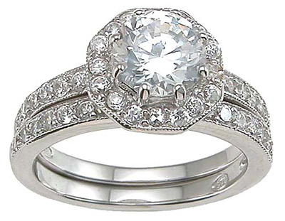  925 Sterling Silver Rhodium Finish CZ Antique Style Engagement Set Ring 