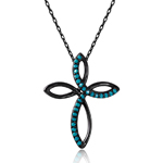sterling silver black rhodium plated open cross necklace with synthetic turquoise stones