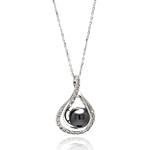 wholesale sterling silver double open teardrop cz black center pearl necklace