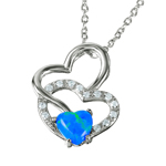 sterling silver double open heart with synthetic blue opal and cz necklace
