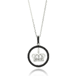 wholesale sterling silver round open disc black border cz center crown necklace