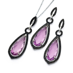 wholesale 925 sterling silver black rhodium plated pink teardrop dangling stud earring & necklace se