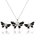wholesale 925 sterling silver black butterfly stud earring & necklace set