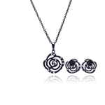 wholesale 925 sterling silver black rhodium plated open flower rose stud earring & necklace set