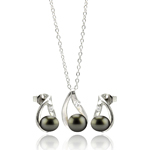 wholesale 925 sterling silver open teardrop black pearl hanging earring & necklace set