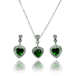 wholesale 925 sterling silver green heart dangling stud earring & necklace set