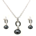 wholesale 925 sterling silver black pearl hanging stud earring & dangling necklace set