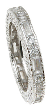 925 Sterling Silver Rhodium Finish Brilliant & Baguettes Antique Style Engagement Band