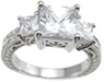 925 Sterling Silver Rhodium Finish CZ Princess Antique Style Wedding Ring