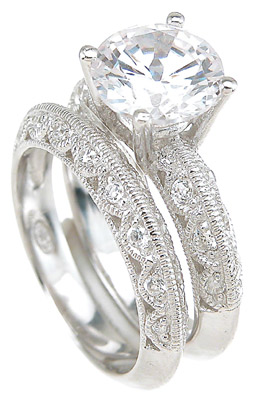 925 Sterling Silver Rhodium Finish CZ Antique Style Wedding Set Ring