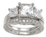 925 Sterling Silver Rhodium Finish CZ Princess Three Stone Engagement Set Ring