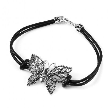 wholesale silver beaded butterfly leather bracelet