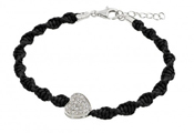 wholesale silver heart cz black braided bracelet