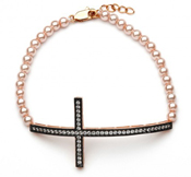 wholesale silver two tone cross and pearl bracelet