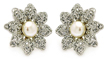 sterling silver rhodioum plated flower cz center pearl stud earrings