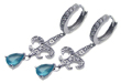 wholesale silver blue teardrop cz fleur de lis hoop earrings