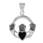 sterling silver heart and hands bali design pendant with black onyx accent