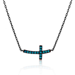 sterling silver black rhodium plated side way cross turquuoise necklace