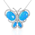 wholesale sterling silver butterfly with cz and synthetic blue opal necklace