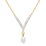 sterling silver gold plated v shape cz necklace with hanging synthetic pearl