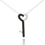 sterling silver and black rhodium plated and black cz key pendant necklace