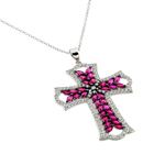 wholesale sterling silver and pink red cz cross in black pendant necklace