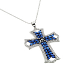 wholesale sterling silver and blue cz cross in black setting pendant necklace