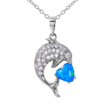 wholesale sterling silver cz dolphin necklace with synthetic blue opal