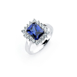 wholesale 925 Sterling Silver Rhodium Finish Emarald Cut Sapphire Blue Cluster Ring