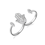 wholesale 925 Sterling Silver Rhodium Finish CZ Hamsa Hand Double Ring