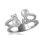 wholesale 925 Sterling Silver Rhodium Finish 2 Row CZ And Synthetic Pearl Ring