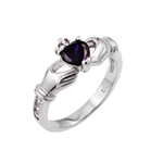 wholesale 925 Sterling Silver Rhodium Finish Purple Heart CZ Claddagh Ring