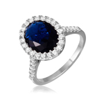 wholesale 925 Sterling Silver Rhodium Finish Sapphire Blue Oval Halo Ring