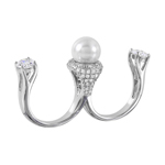 wholesale 925 Sterling Silver Rhodium Finish Pearl Two Finger Open Ring With CZ Accents