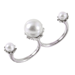 wholesale 925 Sterling Silver Rhodium Finish Two Finger Open Ring With 3 White Synthetic Pearls