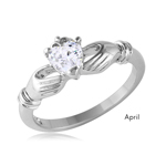 wholesale April 925 Sterling Silver Rhodium Finish Birthstone Claddagh Ring