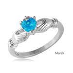 wholesale March 925 Sterling Silver Rhodium Finish Birthstone Claddagh Ring