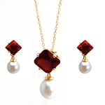 wholesale 925 sterling silver pearl drop red dangling stud earring & dangling necklace set