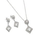 wholesale 925 sterling silver diamond shape square dangling stud earring & dangling necklace set