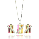 wholesale 925 sterling silver multi colored rectangular stud earring & necklace set