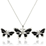 wholesale 925 sterling silver black butterfly stud earring & necklace set