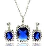 wholesale 925 sterling silver blue & rectangular dangling stud earring & necklace set