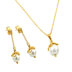 wholesale 925 sterling silver gold plated pearl drop dangling stud earring & necklace set