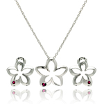 wholesale 925 sterling silver open flower small red round stud earring & necklace set