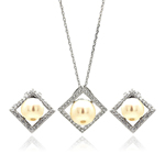wholesale 925 sterling silver pearl square diamond shaped stud earring & necklace set