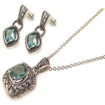 wholesale 925 sterling silver oxidized rhodium plated blue dangling stud earring & necklace set