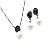 wholesale 925 sterling silver oxidized rhodium plated black pearl stud earring & necklace set