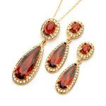 wholesale 925 sterling silver gold plated red teardrop stud earring & dangling necklace set