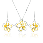 wholesale 925 sterling silver rhodium & gold plated open flower outline hook earring & necklace set