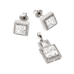 wholesale 925 sterling silver square micro pave stud earring & dangling necklace set